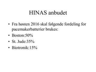 HINAS anbudet
• Fra høsten 2016 skal følgende fordeling for
pacemakerbatterier brukes:
• Boston:50%
• St. Jude:35%
• Biotronik:15%
 