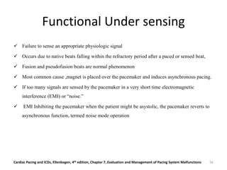 Functional Under sensing
 Failure to sense an appropriate physiologic signal
 Occurs due to native beats falling within the refractory period after a paced or sensed beat,
 Fusion and pseudofusion beats are normal phenomenon
 Most common cause ,magnet is placed over the pacemaker and induces asynchronous pacing.
 If too many signals are sensed by the pacemaker in a very short time electromagnetic
interference (EMI) or “noise.”
 EMI Inhibiting the pacemaker when the patient might be asystolic, the pacemaker reverts to
asynchronous function, termed noise mode operation
Cardiac Pacing and ICDs, Ellenbogen, 4th edition, Chapter 7, Evaluation and Management of Pacing System Malfunctions 56
 