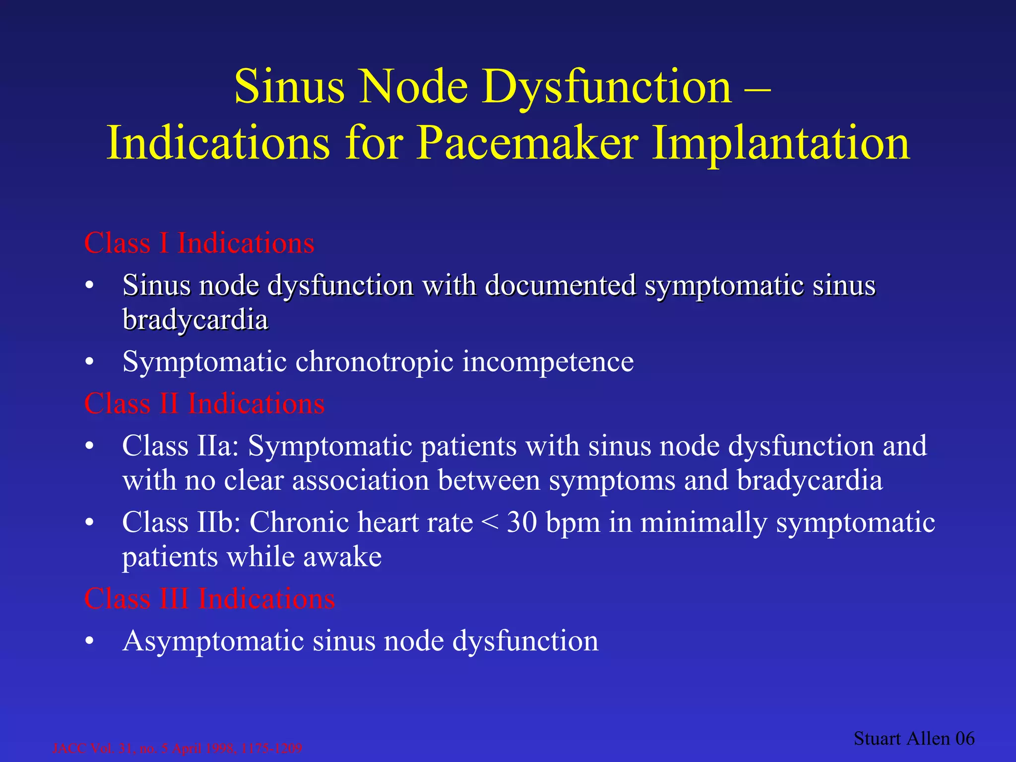 Class I Indications Sinus node dysfunction with documented   symptomatic sinus bradycardia Symptomatic chronotropic incompetence Class II Indications Class IIa: Symptomatic patients with sinus node dysfunction and with no clear association between symptoms and bradycardia Class IIb: Chronic heart rate < 30 bpm in minimally symptomatic patients while awake Class III Indications Asymptomatic sinus node dysfunction Sinus Node Dysfunction –  Indications for Pacemaker Implantation Stuart Allen 06 JACC Vol. 31, no. 5 April 1998, 1175-1209 