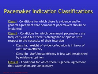 Pacemaker Indication Classifications
Class I – Conditions for which there is evidence and/or
general agreement that permanent pacemakers should be
implanted
Class II – Conditions for which permanent pacemakers are
frequently used but there is divergence of opinion with
respect to the necessity of their insertion
– Class IIa: Weight of evidence/opinion is in favor of
usefulness/efficacy
– Class IIb: Usefulness/efficacy is less well established
by evidence/opinion
Class III – Conditions for which there is general agreement
that pacemakers are unnecessary
JACC Vol. 31, no. 5 April 1998, 1175-1209
 