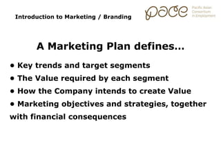Introduction to Marketing / Branding
A Marketing Plan defines…
• Key trends and target segments
• The Value required by each segment
• How the Company intends to create Value
• Marketing objectives and strategies, together
with financial consequences
 
