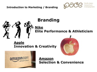 Introduction to Marketing / Branding
Branding
Nike
Elite Performance & Athleticism
Apple
Innovation & Creativity
Amazon
Selection & Convenience
 
