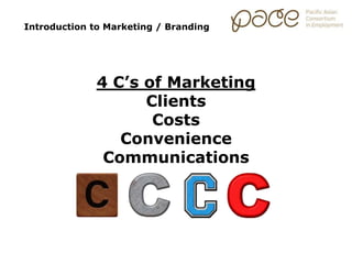 Introduction to Marketing / Branding
4 C’s of Marketing
Clients
Costs
Convenience
Communications
 