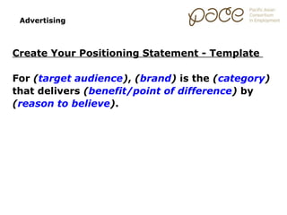 Advertising



Create Your Positioning Statement - Template

For (target audience), (brand) is the (category)
that delivers (benefit/point of difference) by
(reason to believe).
 