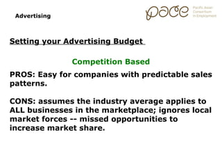 Advertising



Setting your Advertising Budget

               Competition Based
PROS: Easy for companies with predictable sales
patterns.

CONS: assumes the industry average applies to
ALL businesses in the marketplace; ignores local
market forces -- missed opportunities to
increase market share.
 