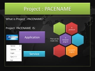 Project : PACENAME
What is Project : PACENAME?

Project: PACENAME IS:                                 A
                                                   protocol



             Application      That can be
                                                A
                                            browser
                              made into :
                                             plug-in



                                                   A search
                                                    engine
                 Service
 