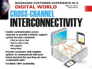  E nable communication acros s
 channels to provide a holis tic s upport
 s ys tem for your cus tomers
     C lick to call or chat
     Text to call or chat
     IVR s upport
    …many more
 Provide cus tomers with multiple
  options to communicate with your
  brand and pick the one they are mos t
  comfortable with!
 Facilitate 100% availability
                                            17
 