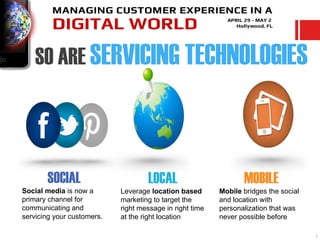 SO ARE SERVICING TECHNOLOGIES



       SOCIAL                       LOCAL                        MOBILE
Social media is now a       Leverage location based       Mobile bridges the social
primary channel for         marketing to target the       and location with
communicating and           right message in right time   personalization that was
servicing your customers.   at the right location         never possible before

                                                                                      7
 