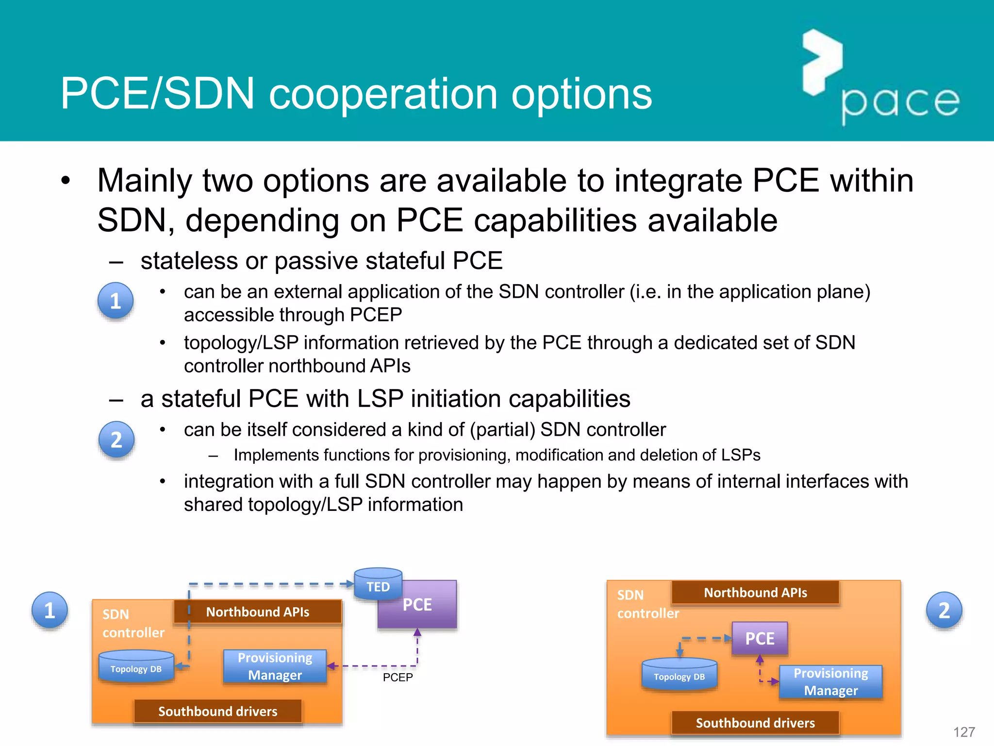 127
PCE/SDN cooperation options
• Mainly two options are available to integrate PCE within
SDN, depending on PCE capabilities available
– stateless or passive stateful PCE
• can be an external application of the SDN controller (i.e. in the application plane)
accessible through PCEP
• topology/LSP information retrieved by the PCE through a dedicated set of SDN
controller northbound APIs
– a stateful PCE with LSP initiation capabilities
• can be itself considered a kind of (partial) SDN controller
– Implements functions for provisioning, modification and deletion of LSPs
• integration with a full SDN controller may happen by means of internal interfaces with
shared topology/LSP information
SDN
controller
SDN
controller
1
2
1 2
Topology DB
Southbound drivers
Provisioning
Manager
Northbound APIs PCE
TED
PCEP Topology DB
Southbound drivers
Provisioning
Manager
Northbound APIs
PCE
 