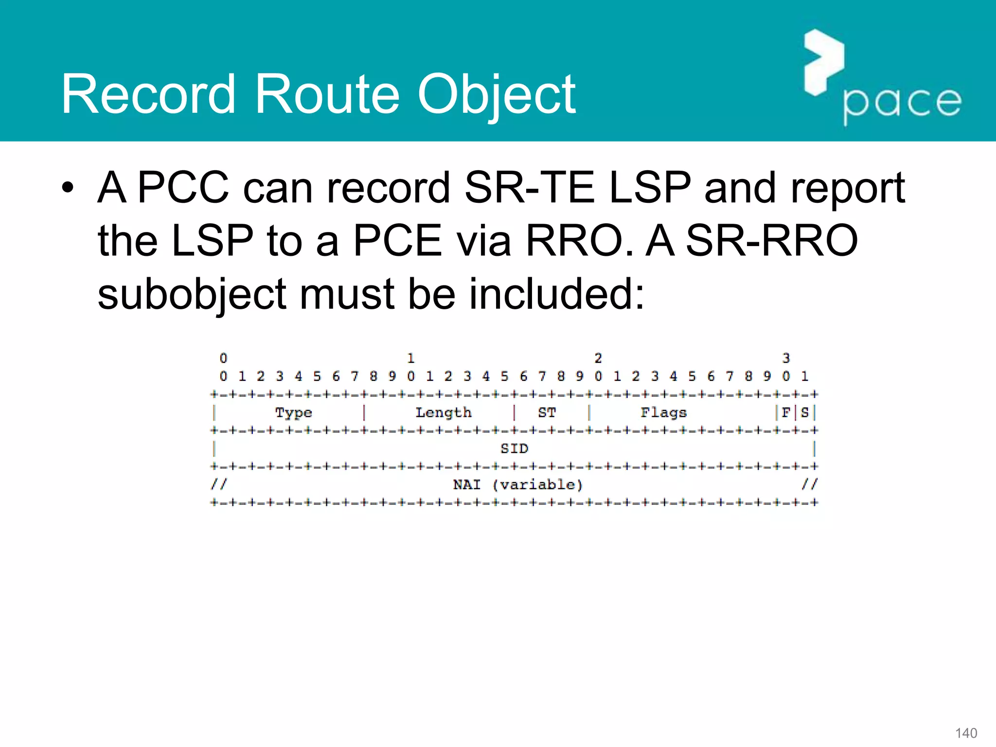 140
Record Route Object
• A PCC can record SR-TE LSP and report
the LSP to a PCE via RRO. A SR-RRO
subobject must be included:
 