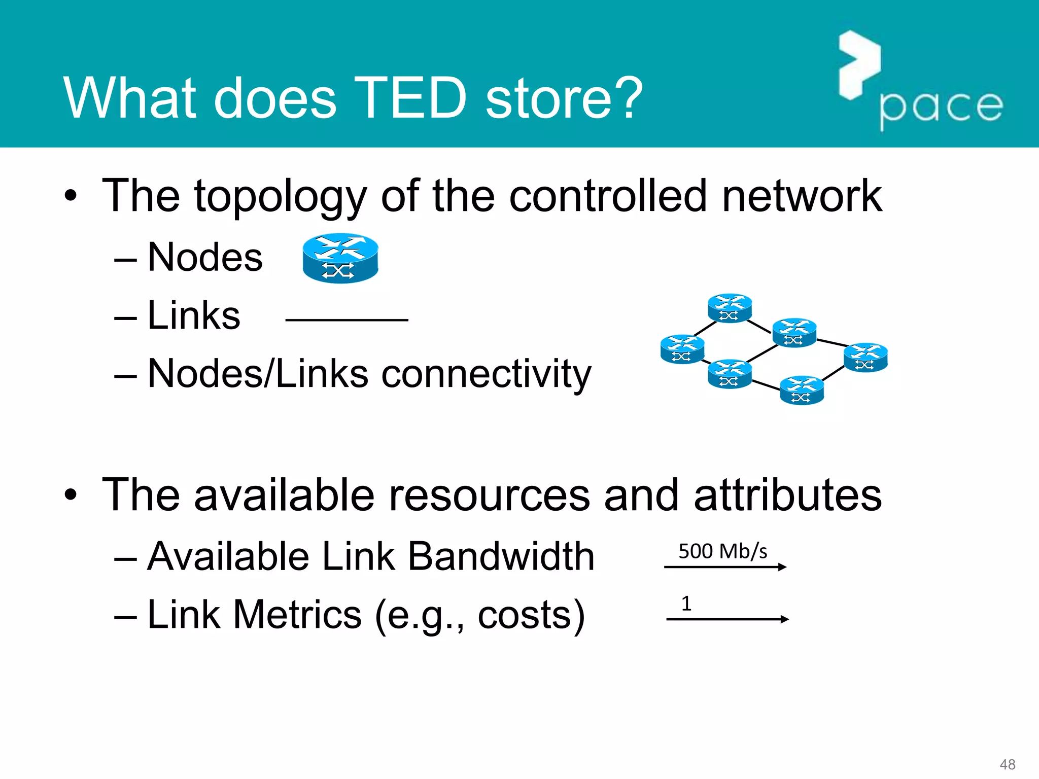 48
What does TED store?
• The topology of the controlled network
– Nodes
– Links
– Nodes/Links connectivity
• The available resources and attributes
– Available Link Bandwidth
– Link Metrics (e.g., costs)
500 Mb/s
1
 