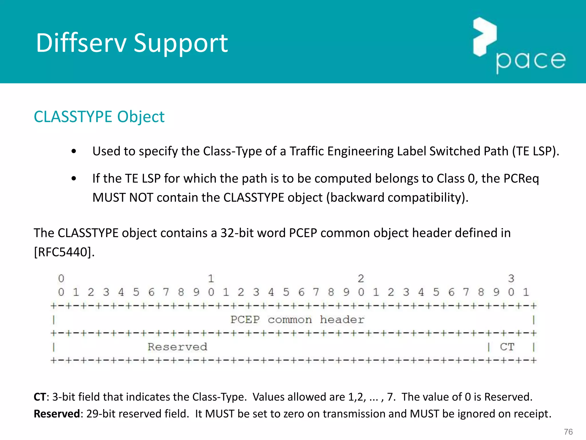 76
CLASSTYPE Object
• Used to specify the Class-Type of a Traffic Engineering Label Switched Path (TE LSP).
• If the TE LSP for which the path is to be computed belongs to Class 0, the PCReq
MUST NOT contain the CLASSTYPE object (backward compatibility).
The CLASSTYPE object contains a 32-bit word PCEP common object header defined in
[RFC5440].
CT: 3-bit field that indicates the Class-Type. Values allowed are 1,2, ... , 7. The value of 0 is Reserved.
Reserved: 29-bit reserved field. It MUST be set to zero on transmission and MUST be ignored on receipt.
Diffserv Support
 
