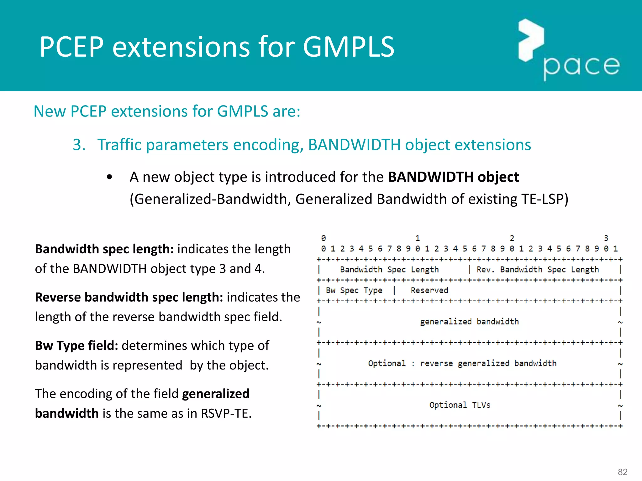 82
New PCEP extensions for GMPLS are:
3. Traffic parameters encoding, BANDWIDTH object extensions
• A new object type is introduced for the BANDWIDTH object
(Generalized-Bandwidth, Generalized Bandwidth of existing TE-LSP)
PCEP extensions for GMPLS
Bandwidth spec length: indicates the length
of the BANDWIDTH object type 3 and 4.
Reverse bandwidth spec length: indicates the
length of the reverse bandwidth spec field.
Bw Type field: determines which type of
bandwidth is represented by the object.
The encoding of the field generalized
bandwidth is the same as in RSVP-TE.
 