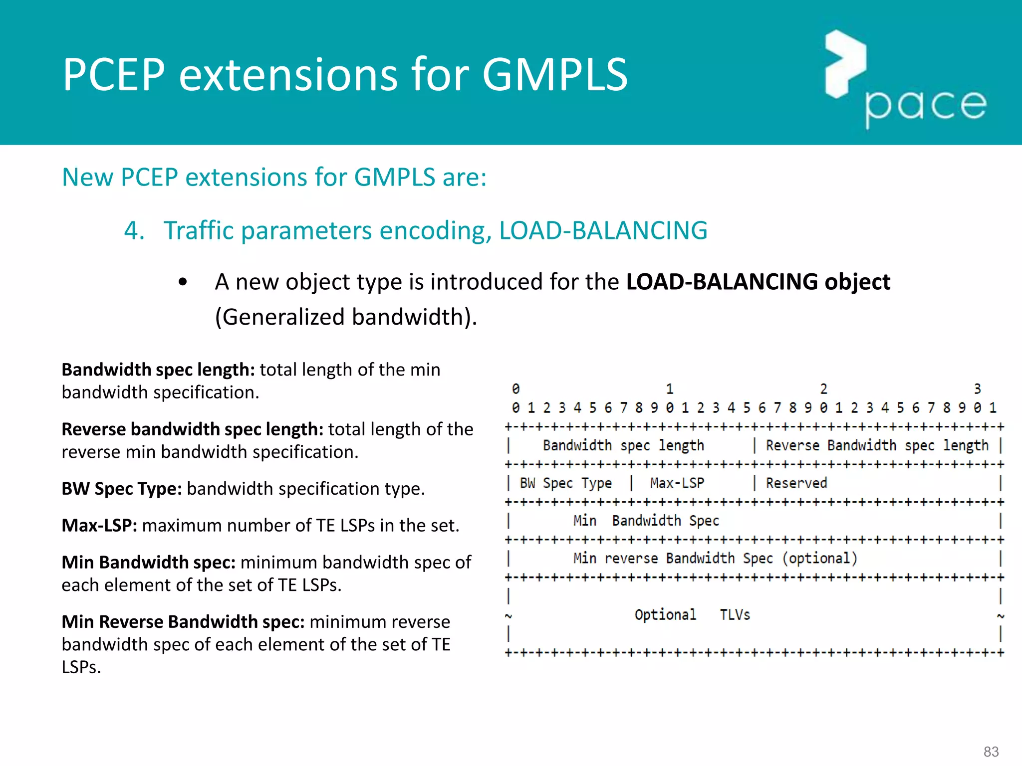83
New PCEP extensions for GMPLS are:
4. Traffic parameters encoding, LOAD-BALANCING
• A new object type is introduced for the LOAD-BALANCING object
(Generalized bandwidth).
PCEP extensions for GMPLS
Bandwidth spec length: total length of the min
bandwidth specification.
Reverse bandwidth spec length: total length of the
reverse min bandwidth specification.
BW Spec Type: bandwidth specification type.
Max-LSP: maximum number of TE LSPs in the set.
Min Bandwidth spec: minimum bandwidth spec of
each element of the set of TE LSPs.
Min Reverse Bandwidth spec: minimum reverse
bandwidth spec of each element of the set of TE
LSPs.
 