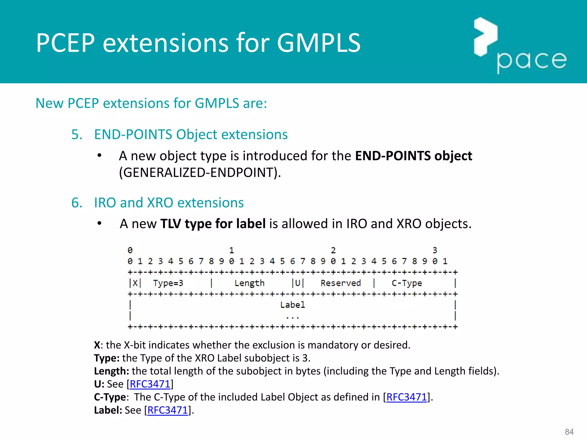 84
New PCEP extensions for GMPLS are:
5. END-POINTS Object extensions
• A new object type is introduced for the END-POINTS object
(GENERALIZED-ENDPOINT).
6. IRO and XRO extensions
• A new TLV type for label is allowed in IRO and XRO objects.
X: the X-bit indicates whether the exclusion is mandatory or desired.
Type: the Type of the XRO Label subobject is 3.
Length: the total length of the subobject in bytes (including the Type and Length fields).
U: See [RFC3471]
C-Type: The C-Type of the included Label Object as defined in [RFC3471].
Label: See [RFC3471].
PCEP extensions for GMPLS
 
