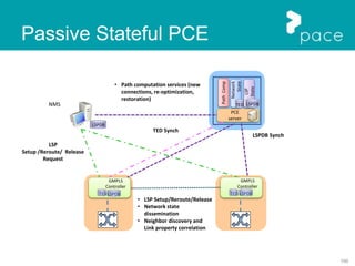 100
Passive Stateful PCE
NMS
LSPDB
PCE
server
Network
State
TED
PathComp
LSP
State
LSPDB
TED Synch
LSPDB Synch
• Path computation services (new
connections, re-optimization,
restoration)
GMPLS
Controller
TED LSPDB
GMPLS
Controller
TED LSPDB
LSP
Setup /Reroute/ Release
Request
• LSP Setup/Reroute/Release
• Network state
dissemination
• Neighbor discovery and
Link property correlation
 