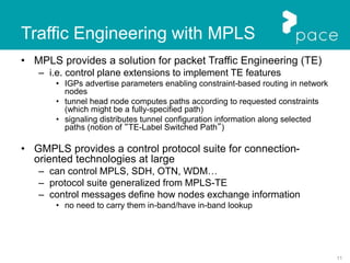11
Traffic Engineering with MPLS
• MPLS provides a solution for packet Traffic Engineering (TE)
– i.e. control plane extensions to implement TE features
• IGPs advertise parameters enabling constraint-based routing in network
nodes
• tunnel head node computes paths according to requested constraints
(which might be a fully-specified path)
• signaling distributes tunnel configuration information along selected
paths (notion of “TE-Label Switched Path”)
• GMPLS provides a control protocol suite for connection-
oriented technologies at large
– can control MPLS, SDH, OTN, WDM…
– protocol suite generalized from MPLS-TE
– control messages define how nodes exchange information
• no need to carry them in-band/have in-band lookup
 