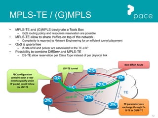 12
MPLS-TE / (G)MPLS
• MPLS-TE and (G)MPLS designate a Tools Box
– QoS routing policy and resources reservation are possible
• MPLS-TE allow to share traffics on top of the network
– Complexity is reported to Network Engineering for an efficient tunnel placement
• QoS is guarantee
– if rate-limit and policer are associated to the TE-LSP
• Possibility to combine DiffServ and MPLS-TE
– DS-TE allow reservation per Class Type instead of per physical link
TE
TE parameters are
exchange through IS-
IS-TE or OSPF-TE
Best-Effort Route
LSP-TE tunnel
FEC configuration
combine with a rate-
limit to specify which
IP packet could follow
the LSP-TE
 