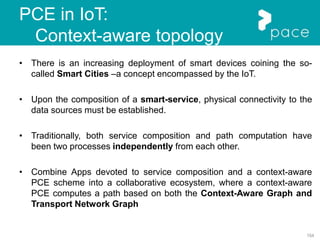 154
PCE in IoT:
Context-aware topology
• There is an increasing deployment of smart devices coining the so-
called Smart Cities –a concept encompassed by the IoT.
• Upon the composition of a smart-service, physical connectivity to the
data sources must be established.
• Traditionally, both service composition and path computation have
been two processes independently from each other.
• Combine Apps devoted to service composition and a context-aware
PCE scheme into a collaborative ecosystem, where a context-aware
PCE computes a path based on both the Context-Aware Graph and
Transport Network Graph
 
