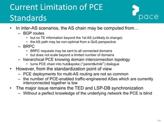 161
Current Limitation of PCE
Standards
• In inter-AS scenarios, the AS chain may be computed from…
– BGP routes
• but no TE information beyond the 1st AS (unlikely to change)
• the AS path may be non-optimal from a QoS perspective
– BRPC
• BRPC requests may be sent to all connected domains
• but does not scale beyond a limited number of domains
– hierarchical PCE knowing domain interconnection topology
• turns PCE chain into hub&spoke (“parent&child”) dialogue
• However, from the standardization point of view
– PCE deployments for multi-AS routing are not so common
– the number of PCE-enabled traffic-engineered ASes which are currently
interconnected together is low
• The major issue remains the TED and LSP-DB synchronization
– Without a perfect knowledge of the underlying network the PCE is blind
 
