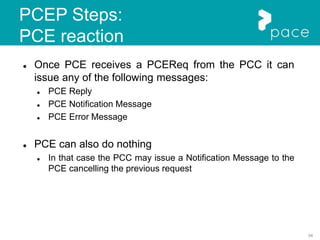 34
PCEP Steps:
PCE reaction
 Once PCE receives a PCEReq from the PCC it can
issue any of the following messages:
 PCE Reply
 PCE Notification Message
 PCE Error Message
 PCE can also do nothing
 In that case the PCC may issue a Notification Message to the
PCE cancelling the previous request
 