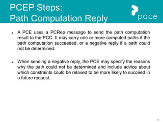 35
PCEP Steps:
Path Computation Reply
 A PCE uses a PCRep message to send the path computation
result to the PCC. It may carry one or more computed paths if the
path computation succeeded, or a negative reply if a path could
not be determined.
 When sending a negative reply, the PCE may specify the reasons
why the path could not be determined and include advice about
which constraints could be relaxed to be more likely to succeed in
a future request.
 