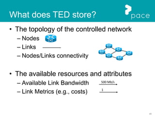 48
What does TED store?
• The topology of the controlled network
– Nodes
– Links
– Nodes/Links connectivity
• The available resources and attributes
– Available Link Bandwidth
– Link Metrics (e.g., costs)
500 Mb/s
1
 