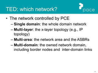 49
TED: which network?
• The network controlled by PCE
– Single domain: the whole domain network
– Multi-layer: the x-layer topology (e.g., IP
topology)
– Multi-area: the network area and the ASBRs
– Multi-domain: the owned network domain,
including border nodes and inter-domain links
 