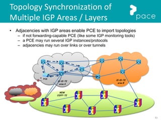 53
Topology Synchronization of
Multiple IGP Areas / Layers
• Adjacencies with IGP areas enable PCE to import topologies
– if not forwarding-capable PCE (like some IGP monitoring tools)
– a PCE may run several IGP instances/protocols
– adjacencies may run over links or over tunnels
IS-IS-TE
area A
IS-IS-TE
area B
PCE
WDM
OSPF-TE
 