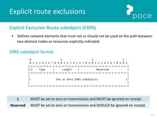 61
Explicit Exclusion Route subobject (EXRS)
• Defines network elements that must not or should not be used on the path between
two abstract nodes or resources explicitly indicated.
EXRS subobject format
Explicit route exclusions
L MUST be set to zero on transmission and MUST be ignored on receipt.
Reserved MUST be set to zero on transmission and SHOULD be ignored on receipt.
 