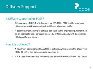 75
Is Diffserv supported by PCEP?
• Diffserv-aware MPLS Traffic Engineering (DS-TE) in PCEP is able to enforce
different bandwidth constraints for different classes of traffic.
• It describes mechanisms to achieve per-class traffic engineering, rather than
on an aggregate basis across all classes by enforcing Bandwidth Constraints
(BCs) on different classes.
How it is achieved?
• A new PCEP object called CLASSTYPE is defined, which carries the Class-Type
of the TE LSP in the path computation request.
• A PCE uses the Class-Type to identify the bandwidth constraint of the TE LSP.
Diffserv Support
 