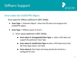 78
Error codes for CLASSTYPE Object
Error types for Diffserv (defined in [RFC 5440])
● Error-Type = "Unknown Object": when the PCE does not recognize the
CLASSTYPE object .
● Error-Type = "Diffserv-aware TE error".
○ Error values (defined in [RFC 5455])
■ Error-value=1: Unsupported Class-Type ⇒ when a PCE does not
support the particular Class-Type.
■ Error-value=2: Invalid Class-Type ⇒ when a PCE determines that
the Class-Type value is not valid.
■ Error-value=3: Class-Type and setup priority do not form a
configured TE-class
Diffserv Support
 
