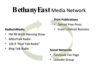 BethanyEast   Media Network Print Publications Detroit Free Press Crain’s Detroit Business Social Networks Facebook Fan Page LinkedIn Group Radio/eMedia FM 98 WJLB Morning Show AllGirlTalk Radio  105.9 “Real Talk Radio” Blog Talk Radio 
