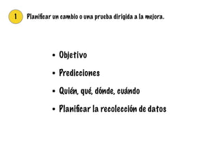 1 Planiﬁcar un cambio o una prueba dirigida a la mejora.
• Objetivo
• Predicciones
• Quién, qué, dónde, cuándo
• Planiﬁcar la recolección de datos
 