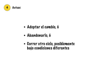 4 Actuar.
• Adoptar el cambio, ó
• Abandonarlo, ó
• Correr otro ciclo, posiblemente
bajo condiciones diferentes
 