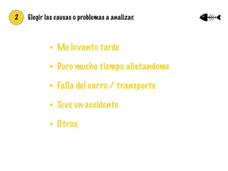2 Elegir las causas o problemas a analizar.
• Me levanto tarde
• Duro mucho tiempo alistandome
• Falla del carro / transporte
• Tuve un accidente
• Otros
 