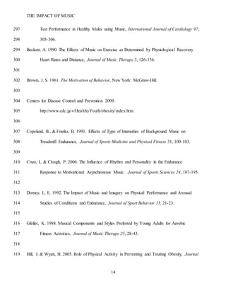 THE IMPACT OF MUSIC
14
Test Performance in Healthy Males using Music, International Journal of Cardiology 97,297
305-306.298
Beckett, A. 1990. The Effects of Music on Exercise as Determined by Physiological Recovery299
Heart Rates and Distance, Journal of Music Therapy 3, 126-136.300
301
Brown, J. S. 1961. The Motivation of Behavior, New York: McGraw-Hill.302
303
Centers for Disease Control and Prevention 2009.304
http://www.cdc.gov/HealthyYouth/obesity/index.htm.305
306
Copeland, B., & Franks, B. 1991. Effects of Type of Intensities of Background Music on307
Treadmill Endurance. Journal of Sports Medicine and Physical Fitness 31, 100-103.308
309
Crust, L. & Clough, P. 2006. The Influence of Rhythm and Personality in the Endurance310
Response to Motivational Asynchronous Music. Journal of Sports Sciences 24, 187-195.311
312
Dorney, L. E. 1992. The Impact of Music and Imagery on Physical Performance and Arousal:313
Studies of Conditions and Endurance, Journal of Sport Behavior 15, 21-23.314
315
Gfeller, K. 1988. Musical Components and Styles Preferred by Young Adults for Aerobic316
Fitness Activities, Journal of Music Therapy 25, 28-43.317
318
Hill, J. & Wyatt, H. 2005. Role of Physical Activity in Preventing and Treating Obesity, Journal319
 