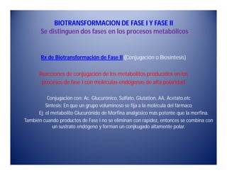 Rx de Biotransformación de Fase II (Conjugación o Biosíntesis)
Reacciones de conjugación de los metabolitos producidos en ...