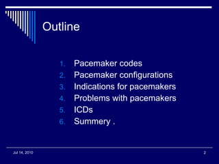 Outline Pacemaker codes Pacemaker configurations Indications for pacemakers Problems with pacemakers ICDs Summery . 