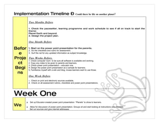 Implementation Timeline –                                      Could there be life on another planet?


         Two Months Before

         1. Check the pacesetter, learning programme and work schedule to see if all on track to start the
         theme:
         Planet Earth and beyond.
         2. Design the project plan.


         One Month Before

Befor    1. Start on the power point presentation for the parents.
         2. Do the checklists and rubric for assessment.
  e      3. Surf the net for any updated information as subject knowledge.

Proje    Two Weeks Before
         1. Check computer room to be sure all software is available and working.
 ct      2. Copy any notes to be given to parents and learners.
         3. Check power point presentation – educator one.
Begi     4. Design the power point presentation as a sample for learners.
         5. Familiarize myself with a wiki and blog, incase learners want to use those.
 ns
         One Week Before
         1. Check on print and electronic sources available.
         2. Check on all assessment rubrics, checklists and power point presentations.




Week One
         Set up Educator-created power point presentation: “Planets” to show to learners.
We       Allow for discussion of power point presentation. Groups sit and start looking at instructions and checklist.
          Set out sources and give internet addresses.
 