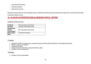 -   Convocatorias de reuniones,...
    -   Proyectos a presentar.
    -   Sexta hora de cada mes.

Este equipo directivo plantea una forma de trabajar en grupo, donde todos los miembros del equipo participemos de manera más o menos activas de las tareas
y decisiones a realizar y a tomar.

16.- PLAN DE AUTOPROTECCION ELABORADO POR EL CENTRO

COMISIÓN AUTOPROTECCIÓN

Presidenta              Mª Luisa Carrasco de la Fuente
Secretario              Francisco José Ordóñez Cruces
Representante
profesor                Mª Luisa Carrasco de la Fuente
(Coordinadora)
Representante           Tomás Ruiz Fernández
padre



1º Trimestre:

    •   Actualización del Plan de Autoprotección y entrega de copia a los miembros del Consejo Escolar y a la Consejería de educación
    •   Revisión y reposición de extintores
    •   Actualización de planos.
    •   Entrega de copia al ayuntamiento y parque de bomberos y policía
    •   Simulacro con acta correspondiente

2º Trimestre:

    •   Simulacro con acta correspondiente


                                                                            68
 