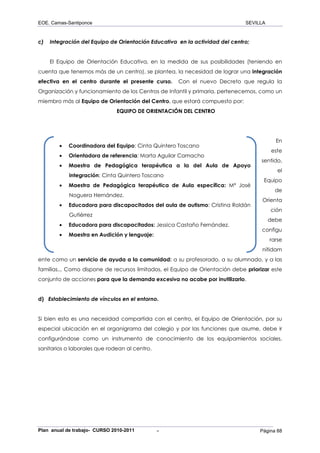 EOE. Camas-Santiponce                                                         SEVILLA


c)   Integración del Equipo de Orientación Educativa en la actividad del centro;


     El Equipo de Orientación Educativa, en la medida de sus posibilidades (teniendo en
cuenta que tenemos más de un centro), se plantea, la necesidad de lograr una integración
efectiva en el centro durante el presente curso.     Con el nuevo Decreto que regula la
Organización y funcionamiento de los Centros de Infantil y primaria, pertenecemos, como un
miembro más al Equipo de Orientación del Centro, que estará compuesto por:
                              EQUIPO DE ORIENTACIÓN DEL CENTRO




                                                                                          En
        •   Coordinadora del Equipo: Cinta Quintero Toscano
                                                                                        este
        •   Orientadora de referencia: Marta Aguilar Camacho
                                                                                    sentido,
        •   Maestra de Pedagógica terapéutica a la del Aula de Apoyo
                                                                                           el
            integración: Cinta Quintero Toscano
                                                                                     Equipo
        •   Maestra de Pedagógica terapéutica de Aula específica: Mª José
                                                                                          de
            Noguera Hernández.
                                                                                    Orienta
        •   Educadora para discapacitados del aula de autismo: Cristina Roldán
                                                                                        ción
            Gutiérrez
                                                                                        debe
        •   Educadora para discapacitados: Jessica Castaño Fernández.
                                                                                    configu
        •   Maestra en Audición y lenguaje:
                                                                                        rarse
                                                                                    nítidam
ente como un servicio de ayuda a la comunidad: a su profesorado, a su alumnado, y a las
familias... Como dispone de recursos limitados, el Equipo de Orientación debe priorizar este
conjunto de acciones para que la demanda excesiva no acabe por inutilizarlo.


d) Establecimiento de vínculos en el entorno.


Si bien esta es una necesidad compartida con el centro, el Equipo de Orientación, por su
especial ubicación en el organigrama del colegio y por las funciones que asume, debe ir
configurándose como un instrumento de conocimiento de los equipamientos sociales,
sanitarios o laborales que rodean al centro.




Plan anual de trabajo- CURSO 2010-2011         -                                   Página 88
 