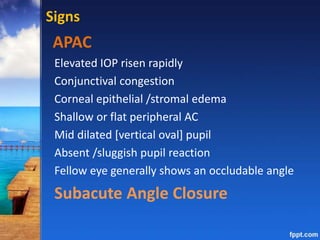 Signs
APAC
Elevated IOP risen rapidly
Conjunctival congestion
Corneal epithelial /stromal edema
Shallow or flat peripheral AC
Mid dilated [vertical oval] pupil
Absent /sluggish pupil reaction
Fellow eye generally shows an occludable angle
Subacute Angle Closure
 