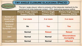Primary Angle Closure
Suspect (PACS)
Primary Angle
Closure (PAC)
Primary Angle Closure
Glaucoma (PACG)
Number of
closed angle
quadrants
3 or more 3 or more 3 or more
Peripheral
Anterior
Synechia (PAS)
No Yes Yes
IOP Normal Raised Raised
ONH Normal Normal
Glaucomatous
neuropathy
Visual field Normal Normal Affected
• The term ‘angle closure’ refers to occlusion of the trabecular meshwork by the
peripheral iris (irido-trabecular contact – ITC), obstructing aqueous outflow.
 