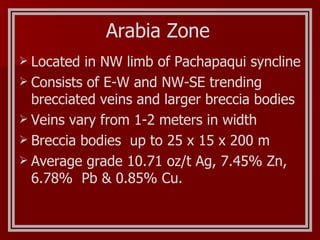Arabia Zone Located in NW limb of Pachapaqui syncline Consists of E-W and NW-SE trending brecciated veins and larger breccia bodies Veins vary from 1-2 meters in width Breccia bodies  up to 25 x 15 x 200 m Average grade 10.71 oz/t Ag, 7.45% Zn, 6.78%  Pb & 0.85% Cu. 