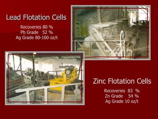 Lead Flotation Cells Zinc Flotation Cells Recoveries 80 % Pb Grade  52 % Ag Grade 80-100 oz/t Recoveries  83  % Zn Grade  54 % Ag Grade 10 oz/t 