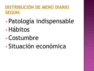 • Patología

indispensable

• Hábitos

• Costumbre
• Situación

económica

 