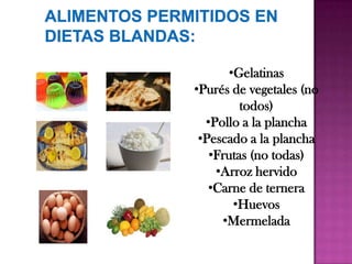 •Gelatinas
•Purés de vegetales (no
todos)
•Pollo a la plancha
•Pescado a la plancha
•Frutas (no todas)
•Arroz hervido
•Carne de ternera
•Huevos
•Mermelada

 
