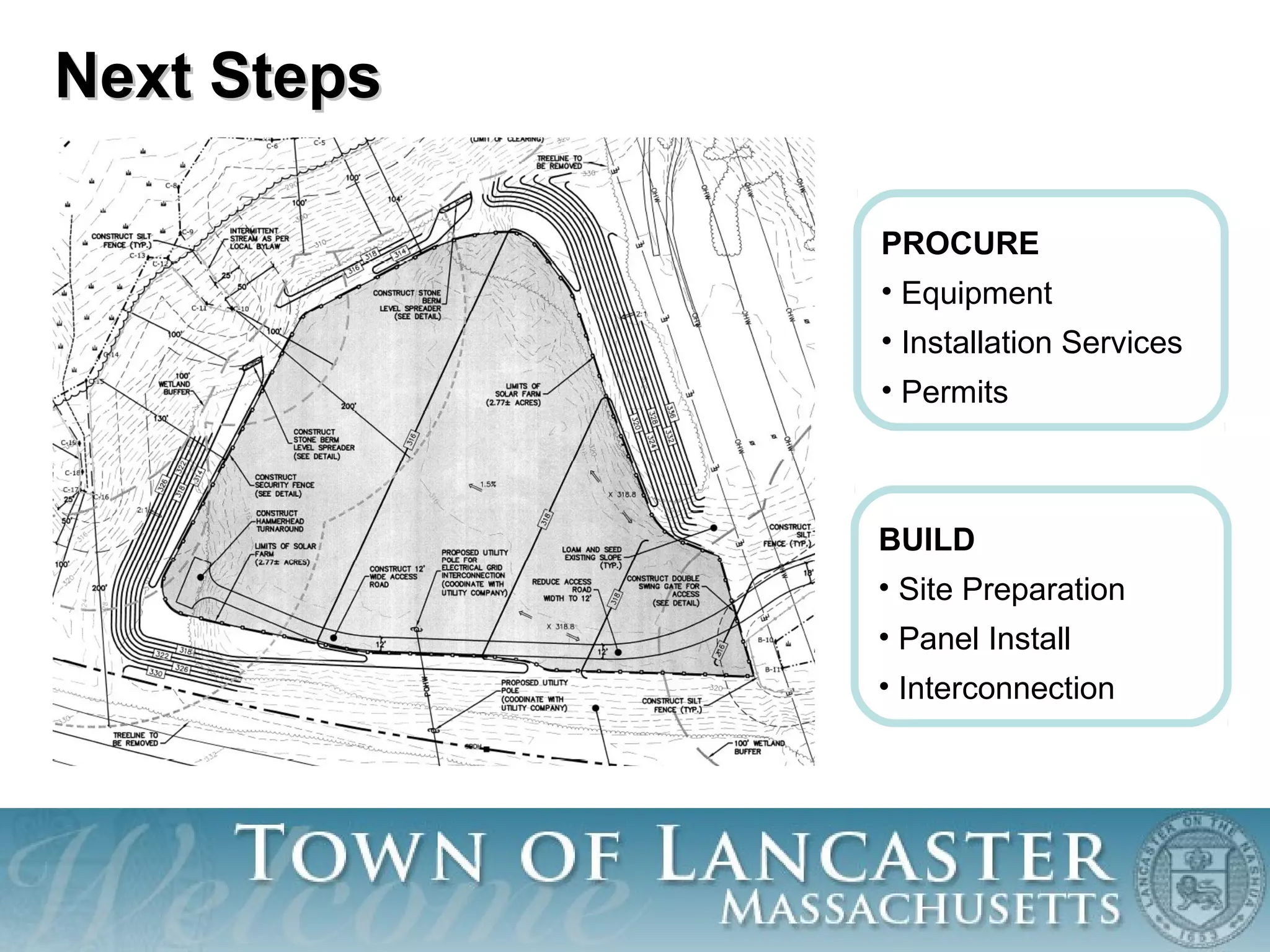 PROCURE
• Equipment
• Installation Services
• Permits
Next StepsNext Steps
BUILD
• Site Preparation
• Panel Install
• Interconnection
 