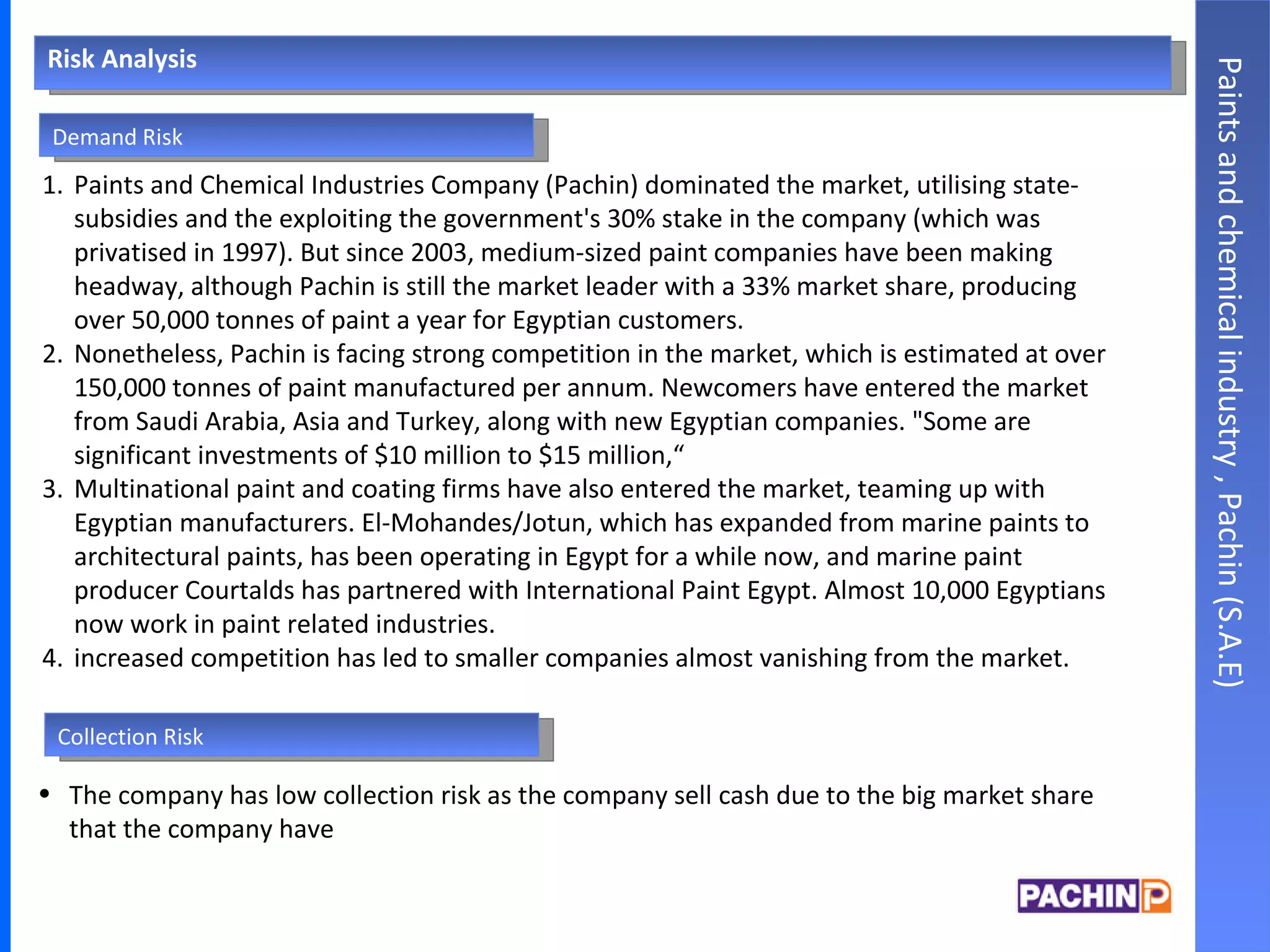 Risk Analysis Demand Risk Paints and Chemical Industries Company (Pachin) dominated the market, utilising state-subsidies and the exploiting the government's 30% stake in the company (which was privatised in 1997). But since 2003, medium-sized paint companies have been making headway, although Pachin is still the market leader with a 33% market share, producing over 50,000 tonnes of paint a year for Egyptian customers. Nonetheless, Pachin is facing strong competition in the market, which is estimated at over 150,000 tonnes of paint manufactured per annum. Newcomers have entered the market from Saudi Arabia, Asia and Turkey, along with new Egyptian companies. "Some are significant investments of $10 million to $15 million,“ Multinational paint and coating firms have also entered the market, teaming up with Egyptian manufacturers. El-Mohandes/Jotun, which has expanded from marine paints to architectural paints, has been operating in Egypt for a while now, and marine paint producer Courtalds has partnered with International Paint Egypt. Almost 10,000 Egyptians now work in paint related industries. increased competition has led to smaller companies almost vanishing from the market.  Paints and chemical industry , Pachin (S.A.E) The company has low collection risk as the company sell cash due to the big market share that the company have Collection Risk 